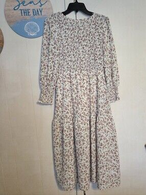 Seasty Floral Smocked White Maxi Dress L Long Sleeve Puff Sleeve Lined